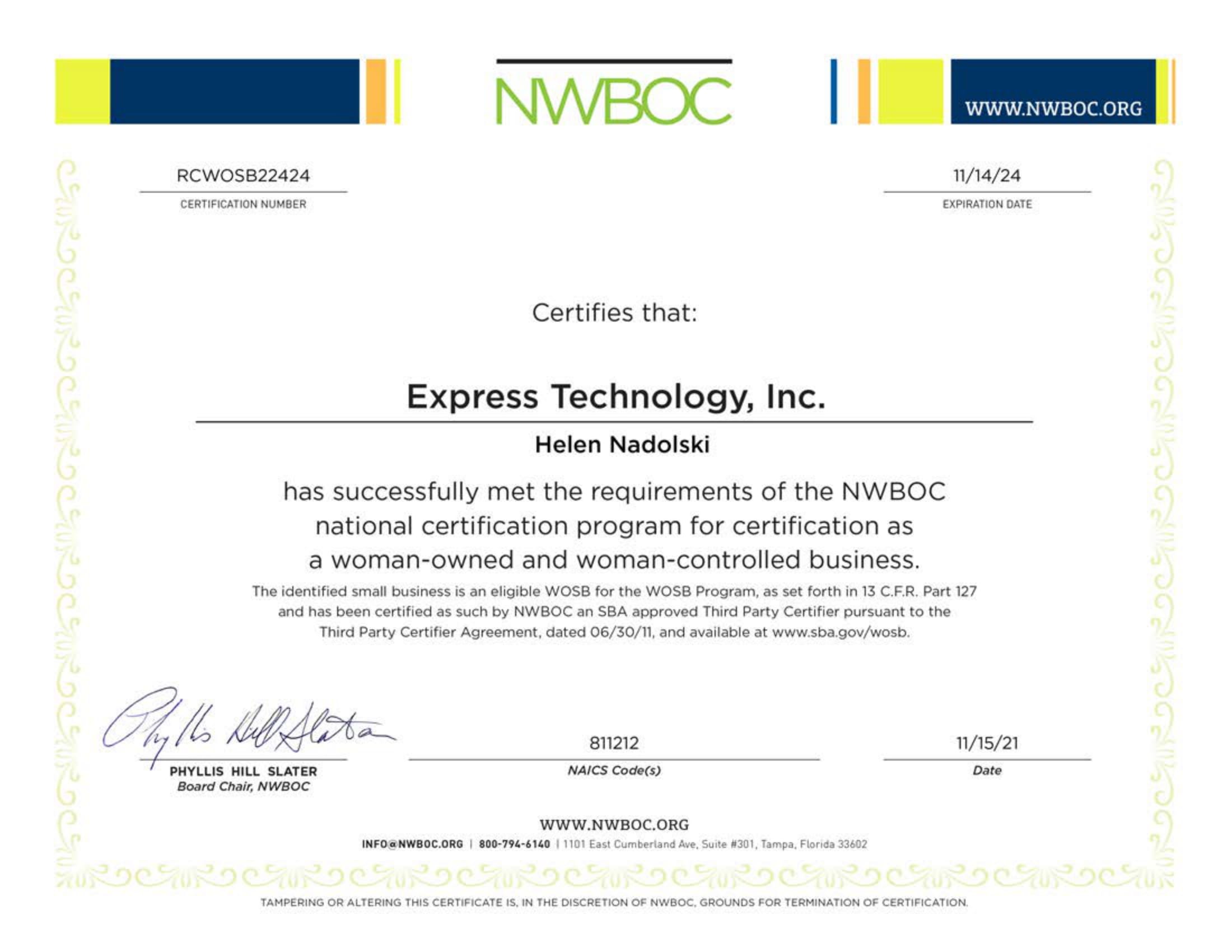 Express Technology Incorporated NWBOC Accreditation